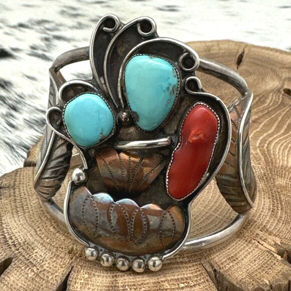 1970s Native American NAVAJO Sterling Bronze Turquoise Coral Fancy Cuff Bracelet - Picture 1 of 4